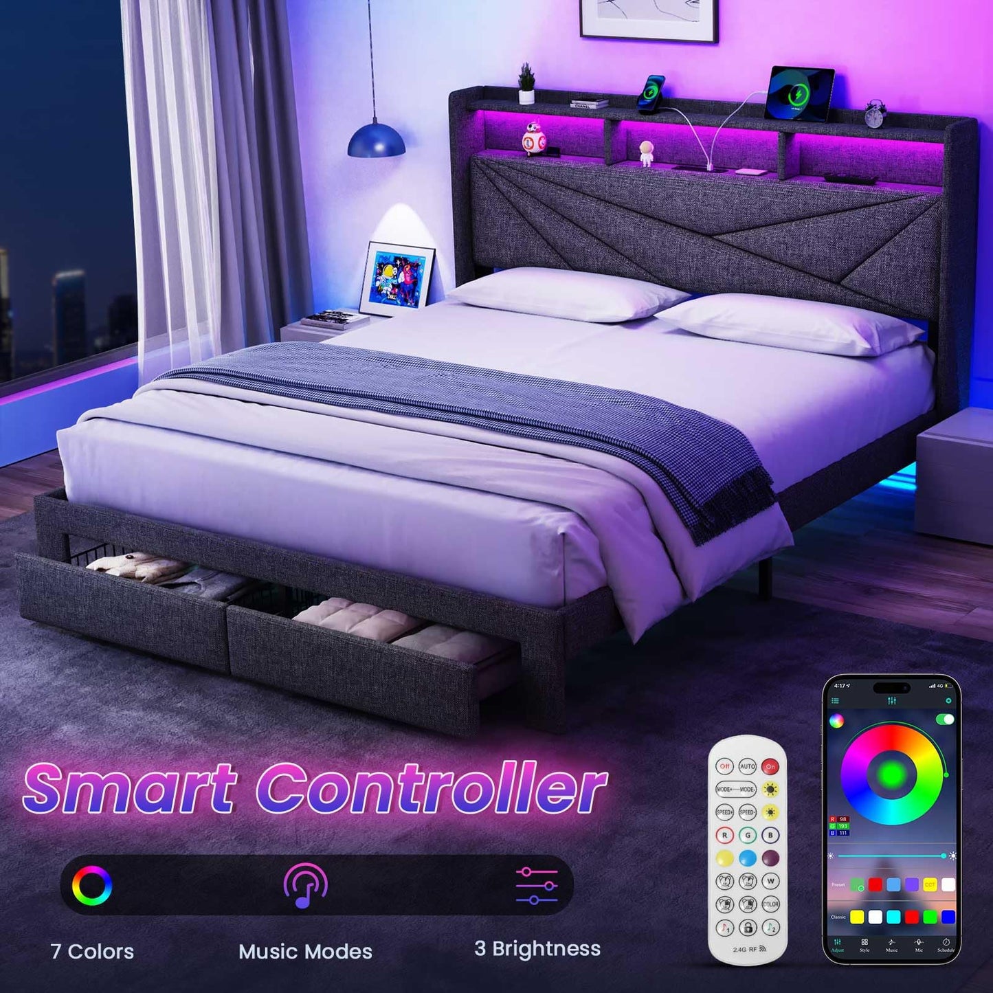 Driftalia LED Full Size Bed Frame with 2 Storage Drawers, Upholstered Full Bed Frame with Headboard and Charging Station, No Box Spring Needed, Easy to Assembly-Dark Grey