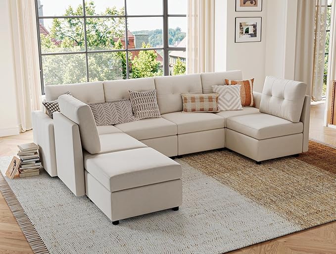 LINSY HOME Modular Sectional Sofa Oversized, Removable Cover Living Room Couches with Storage Deep Seat & Ottoman Chaise L/U Shaped Sofa Modern Couch (Beige, 6 Seats & 1 Ottoman)