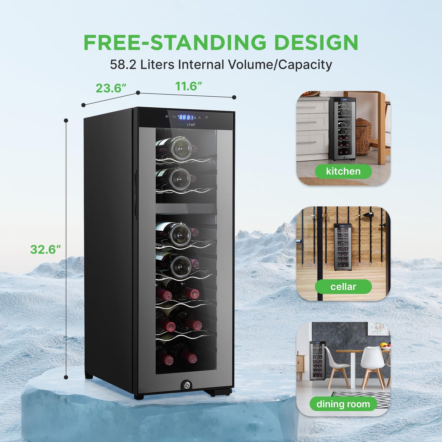Nutrichef 18 Bottle Wine Fridge - Dual Zone Wine Chiller, Adjustable Temperature 41°F to 64°F, Ultra Quiet Operation, Free Standing Wine Cooler For Home, & Office, 32 x 11 x 26 IN (Black)