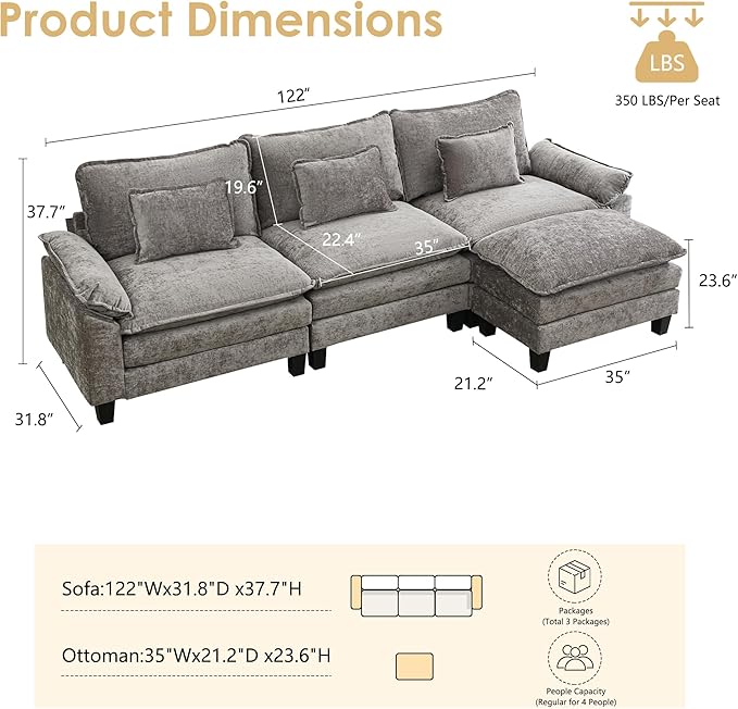 URRED Cloud Couch Modular Sectional Sofa, 122'' Modern L Shaped Deep Seat Sofa with Ottoman & Pillows, Ultra Comfy Chenille Couches for Living Room, Bedroom or Apartment, Gray