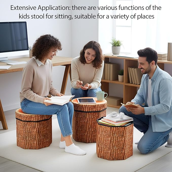Amylove 8 Pack Tree Stump Storage Stool 12 x 12 Inch Stool Ottoman, Cute Folding Storage Box with Foam Cushion, Collapsible Seat Chest (Classic)