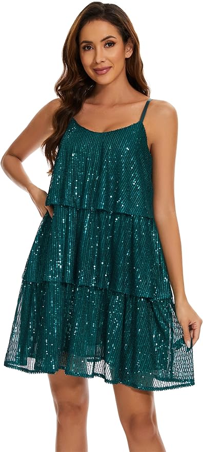 FANSI NOVA Women's Glitter Sequin Dress Adjustable Spaghetti Strap V Neck Fashion Sparkle Layered Evening Party Dress
