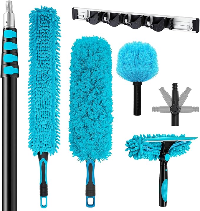 36 Foot High Reach Duster Kit with 7-30 ft Extension Pole, High Ceiling Fan Cleaner Duster Tool for Fan Blades, Window Squeegee, Washable Dust Brush for Roof and Glass Surfaces (7-30 ft)