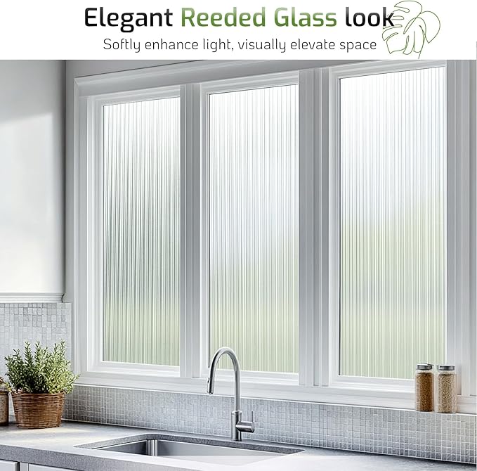 LUTE Reeded Glass Window Privacy Film, Frosted Glass Film, Removable 3D Decorative Decals Sun Blocking Anti UV Door Window Cover, No Glue Static Cling Vinyl for Bathroom Home Office, 23.6" x 118.1"