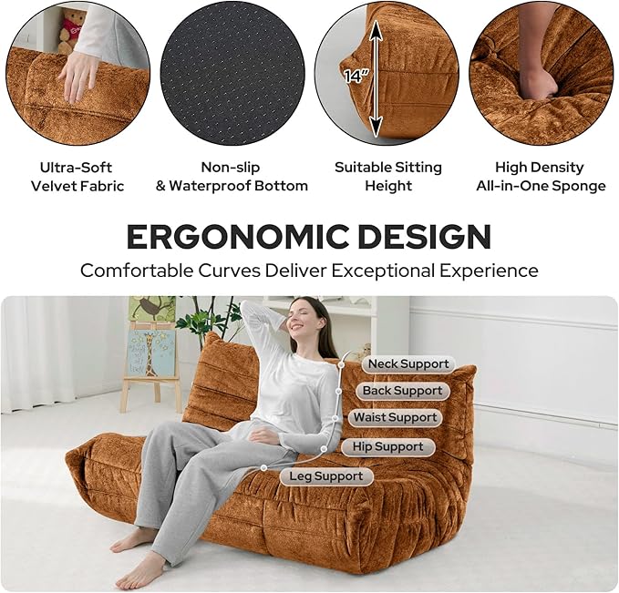 HABUTWAY Bean Bag Chair, Giant Bean Bag Chairs for Adults, Loveseat Fireside Chair, 2 Seater Lazy Bean Bag Sofa Memory Foam Couch for Living Room, Bedroom, Office (Brown)