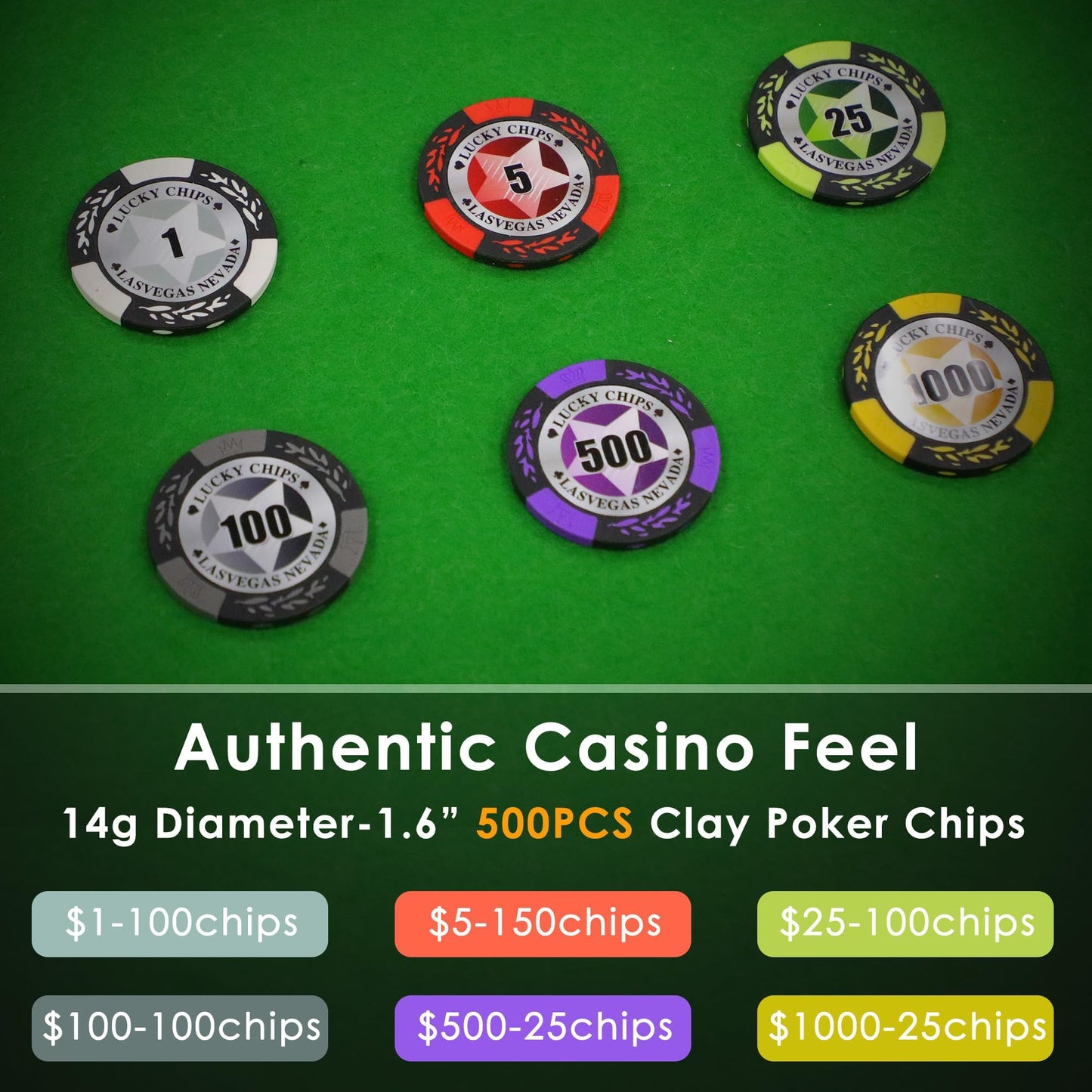 ORIENGEAR Poker Chip Set with Denominations, Comes with 500 PCS 14 Gram Clay Composite Casino Chips, 2 Decks Cards, Aluminum Case & Game Tablecloth for Texas Holdem, Blackjack & Gambling Games