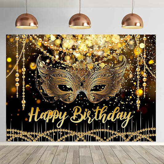 7X5FT Black and Gold Glitter Happy Birthday Backdrop Masquerade Mask Party Decorations Supplies Banner Masquerade Theme Ca...