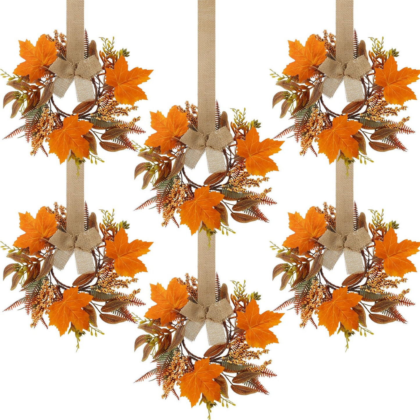 Hoteam 6 Pcs Fall Mini Wreath Thanksgiving Kitchen Cabinet Wreaths with Bow Ribbon Maple Autumn Artificial Faux Garland Small Farmhouse Decorative Garland for Front Door Wall Window(Fall Leaves)