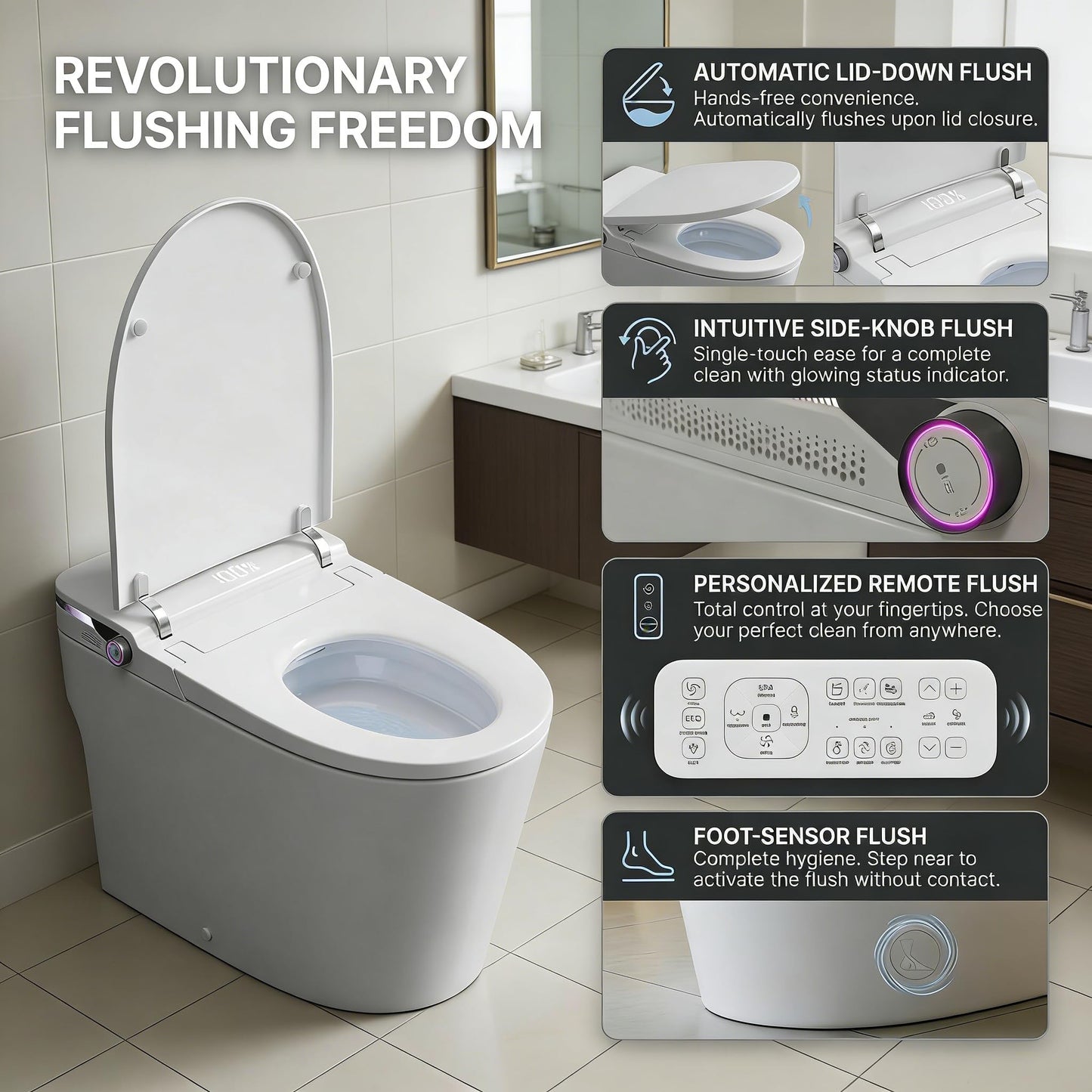 Smart Toilet with Bidet, One Piece Toilet with Tank and Pump for Low Water Pressure, Auto Open Close Lid, Foot Flush, Instant Warm Water, Heated Elongated Seat, Air Drying, LED Night Light, Remote