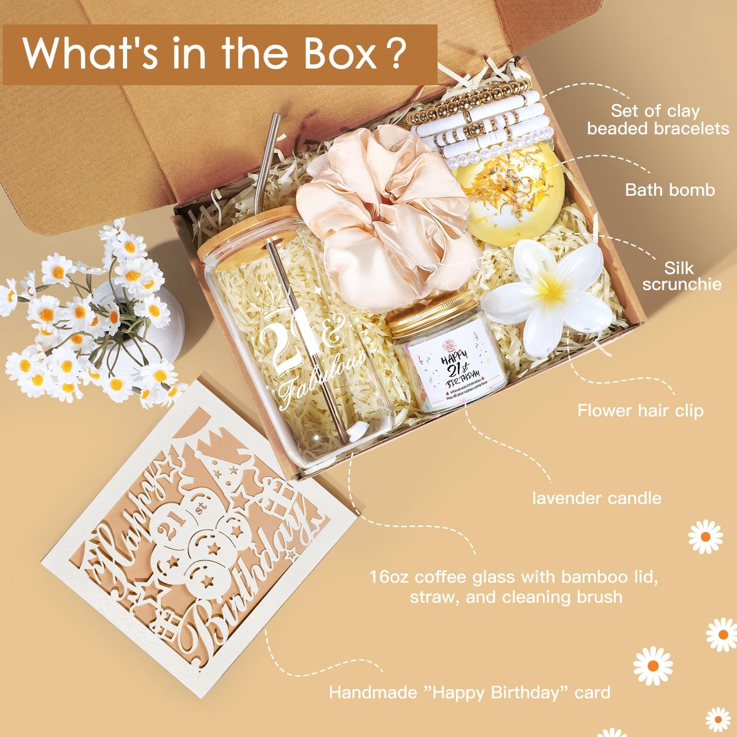 21st Birthday Gifts for Her, Unique 21 Year Old Birthday Gifts for Women, 21 Bday Decorations for Her, Gift for 21st Bday Woman w/ 16oz Coffee Cup, Candle, Bracelet, Hair Clip, Card, 7PCS