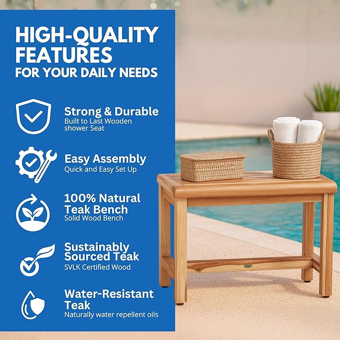 EcoDecors Eleganto 24 Inch Natural Color Waterproof Teak Wood Shower Bench Stool Seat Chair For Inside Shower Provides Safety, Storage, and Organization For Bathroom Accessories
