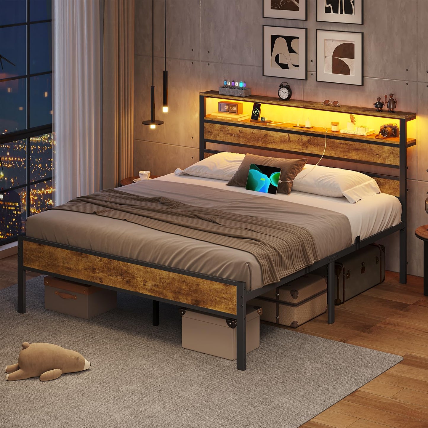 DICTAC 18 Inch Full Bed Frames with Charging Station and LED Light, Wood Headboard with 2-Tier Storage Shelves, Full Size Platform Bed Frame with Metal Slats, No Box Spring Need, Easy Assembly