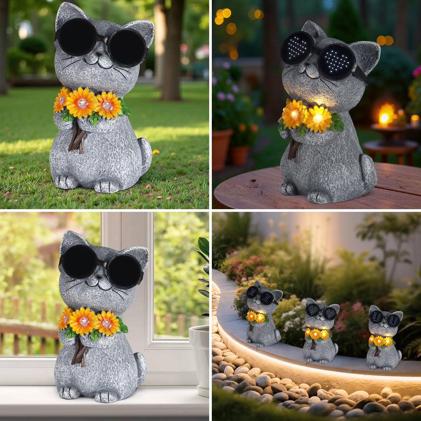 Pawatee Solar Garden Statues Cat with Daisy and LED Lights Birthday Gifts for Women Mom Grandma Solar Outdoor Decor for Patio Backyard Yard Lawn Decoration-Unique Housewarming Gifts