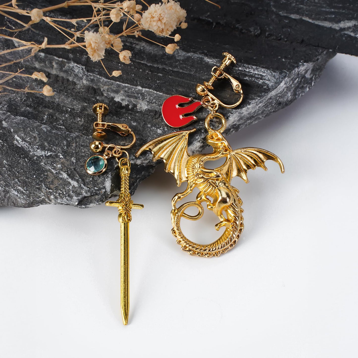 callie Personalized Sword Dragon Earrings - Custom Birthstone, Sterling Silver 925/Brass Gothic Dagger Dangle Earrings, Jewelry Gifts for Women Men
