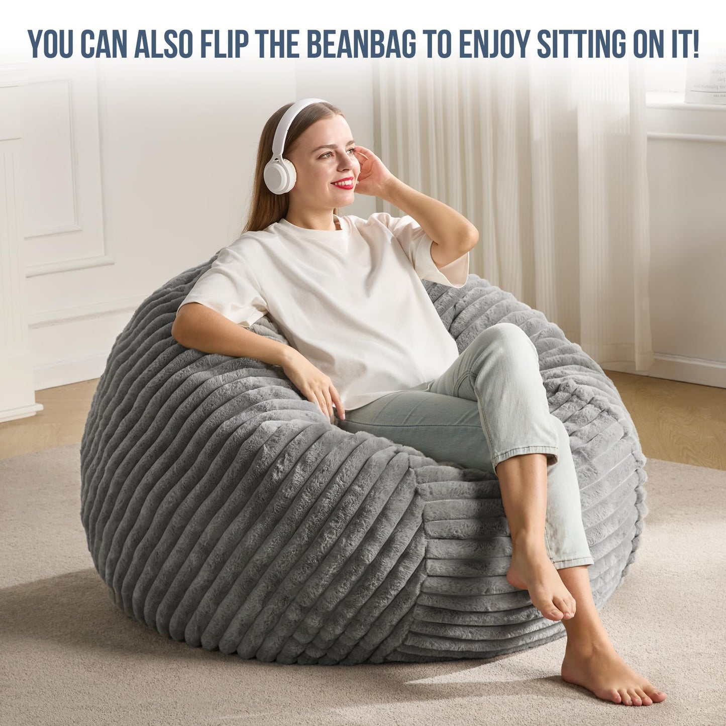 Hobestluk 3ft Bean Bag Chairs for Adults Large Beanbag Chair with Stripe Plush Cover Big Bean Bag Chair for Living Room Bedroom Dorm Office - Grey (36” x 36” x 22”)