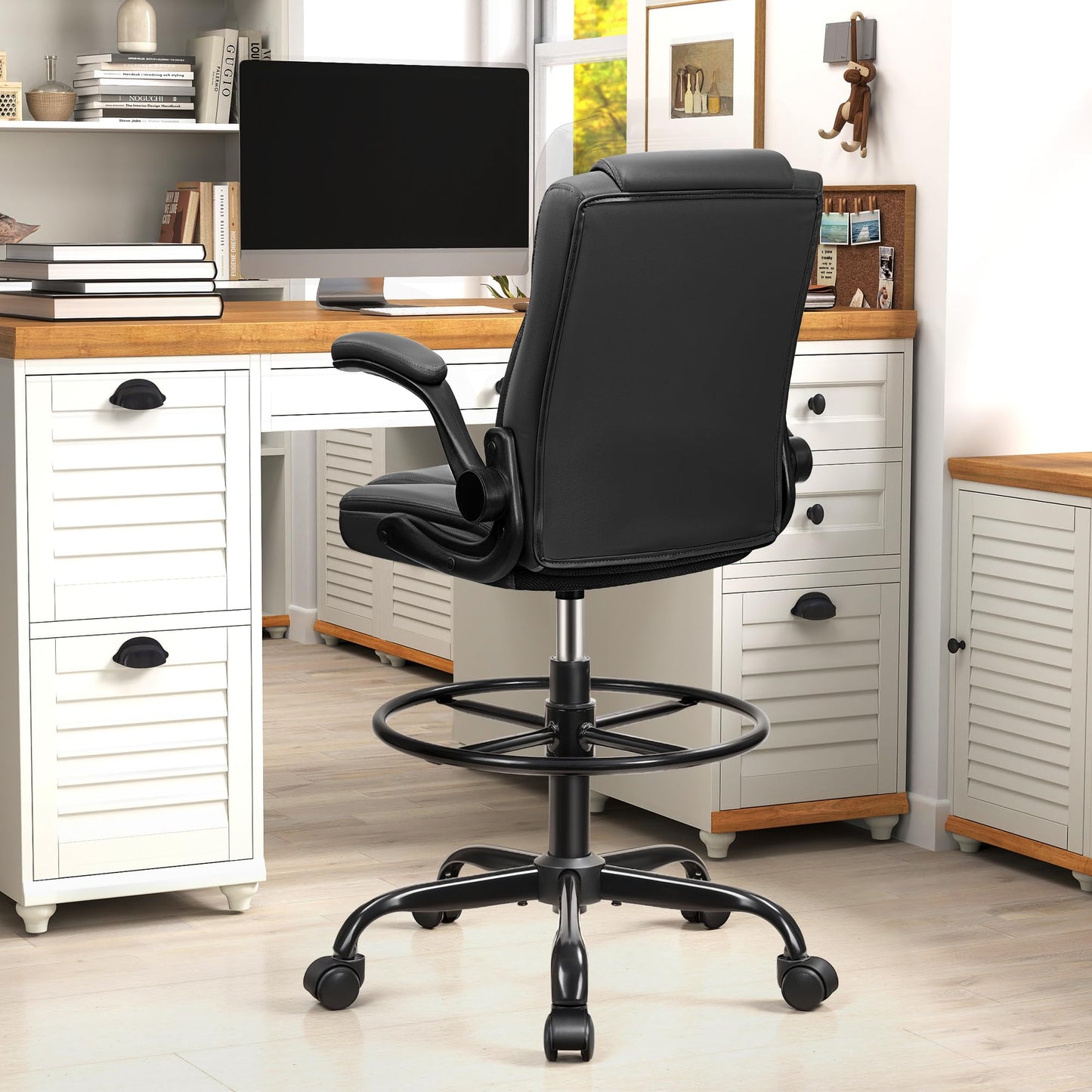 Drafting Chair,Tall Office Chair for Standing Desk,High Executive Leather Ergonomic Computer Chair with Adjustable Height and Flip-Up Armrest for Counter Height Desk,Black