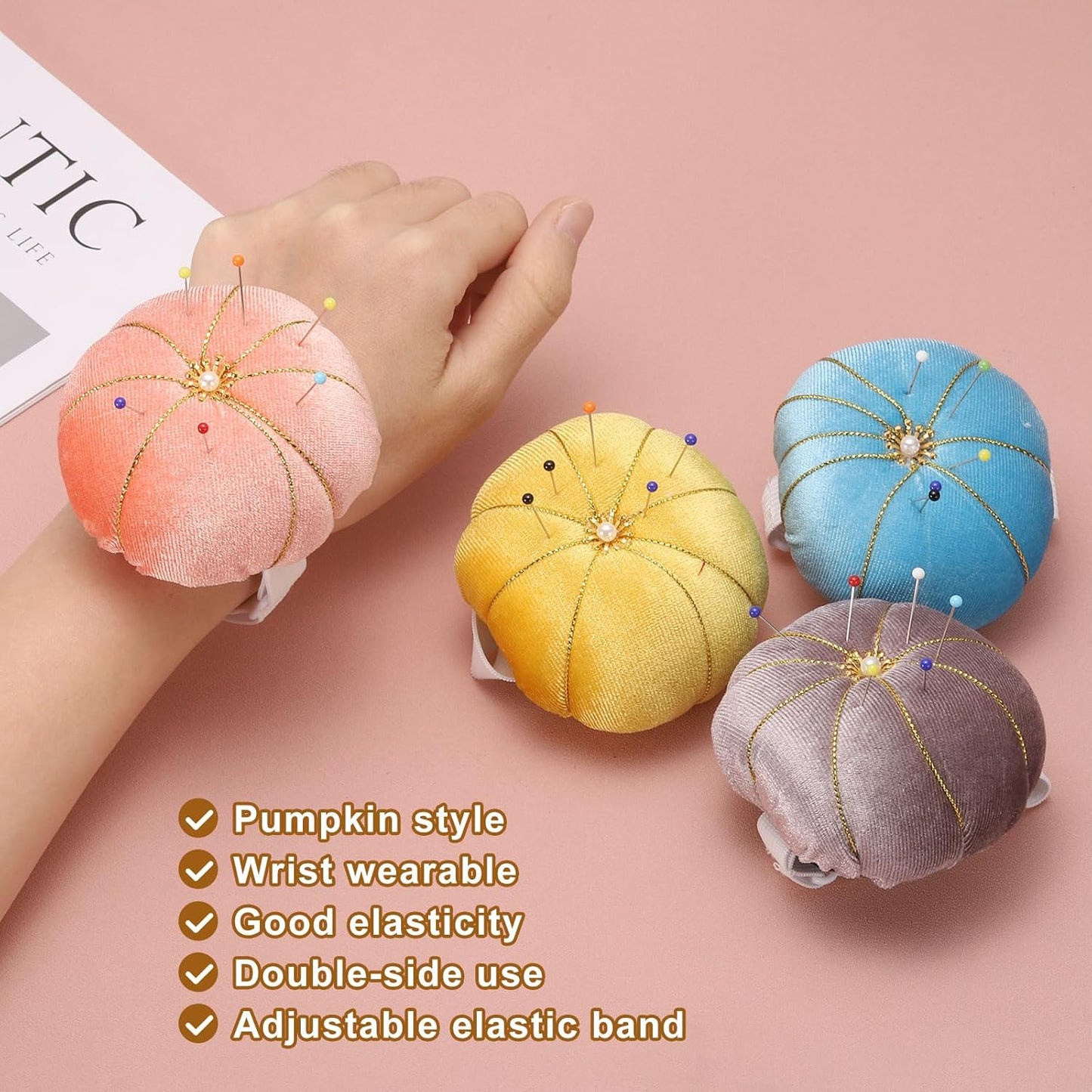 HARFINGTON Wrist Pin Cushion Wristband Sewing Pincushion Polyester Pin Holder Wearable Pumpkin Shaped Needles Wristband with 100 Head Needles for Sewing Quilting DIY Crafts, Black