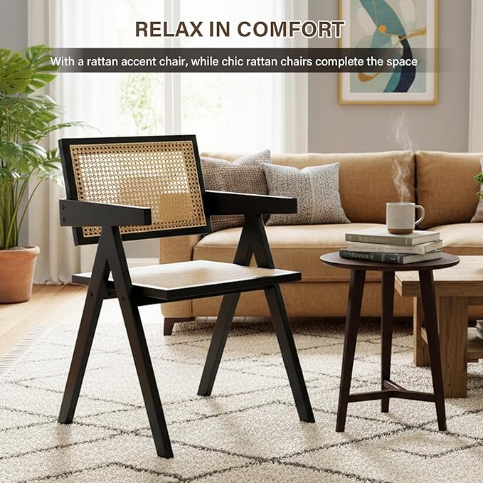 Furlide Rattan Dining Chairs Set of 2, Modern Mid Century Dining Chairs with Arms, Outdoor Bamboo Chairs for Bedroom, Living Room, Reading Room, Black