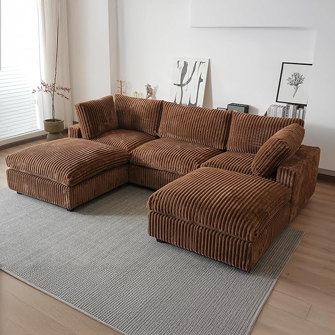WJShome Cloud Couch Modular Sectional Sofa,118" Oversized U Shaped Couch with Ottoman,5 Seater Convertible Sofa,Comfy Plush Couches for Living Room,Covers Washable&Replaceable (Brown)