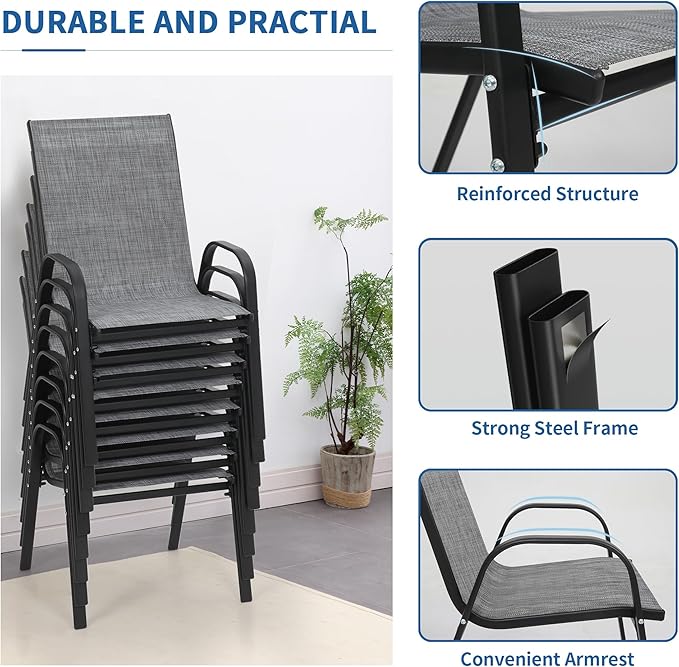 PIZZELLO Patio Chairs Set of 8 - Outdoor Stackable Dining Chairs for All Weather - Breathable Textilene Outdoor Chair Sets with Curved Armrests - 300Lbs Capacity - for Lawn Backyard Garden (Grey)