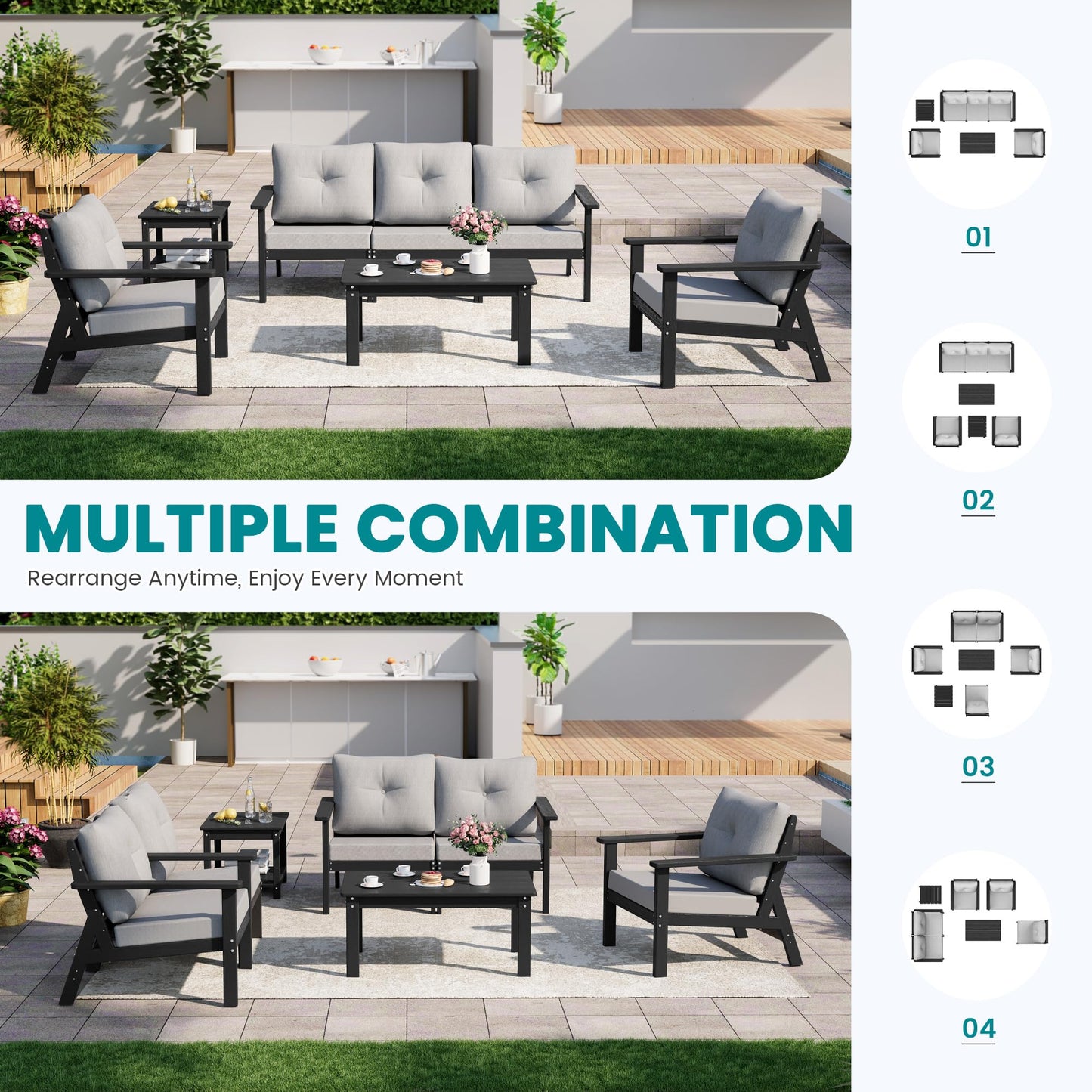 PamapicLife 7-Piece HDPE Patio Furniture Set, Outdoor Sectional Sofa Set,All Weather Outdoor Couch with Dust-Free Cushions, Durable Patio Conversation Sets for Balcony, Porch, Black