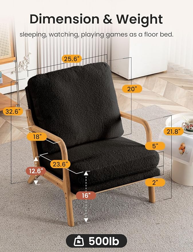 Mid Century Modern Accent Chairs for Living Room, 23” Wide Comfy Chair for Bedroom, Small Cozy Sherpa Reading Chairs for Adults, 108° Lounge Arm Chair Indoor with Detachable Cover, 5.5" Foam Cushion