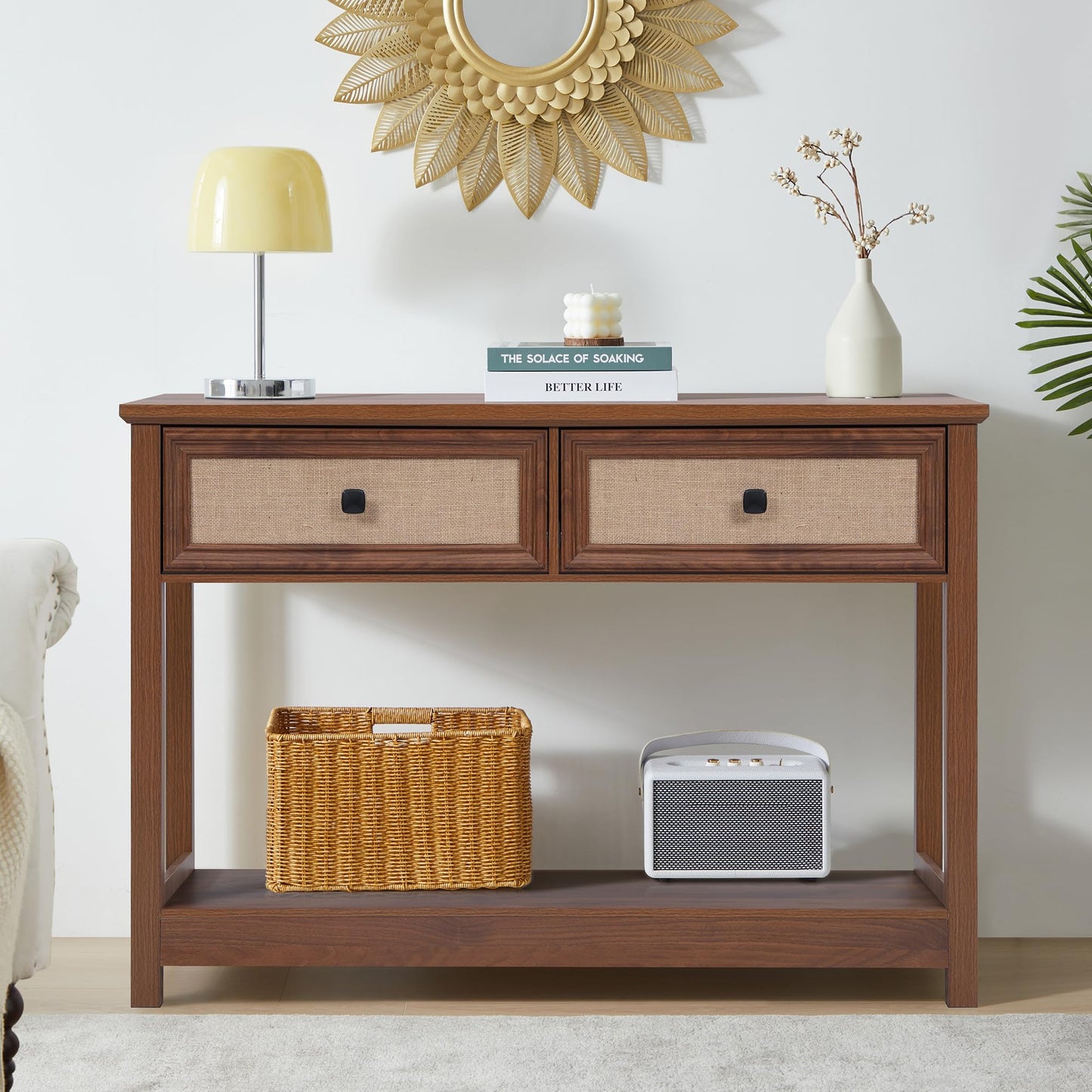 Boho Console Table with Burlap Rattan Drawers, 2 Tier Modern Narrow Entryway Table Foyer Table with Open Storage Shelves, Hallway Accent Table Behind Couch Table for Living Room, Walnut
