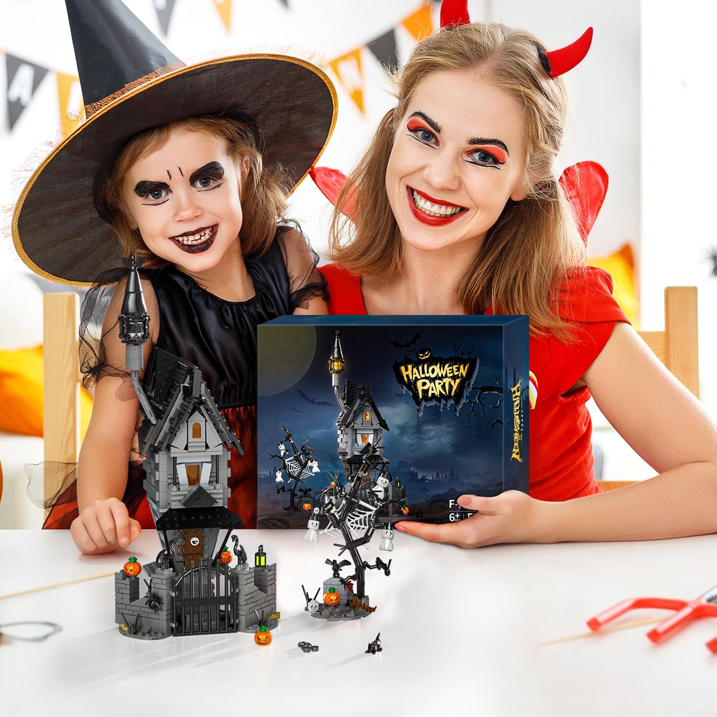 itshWOee Halloween Haunted House Building Set, Before Christmas Haunted Mansion with Light, Luminous Ghost Pumpkin Bat Withered Tree Spider Decor, Halloween for Fans, Adults Kids
