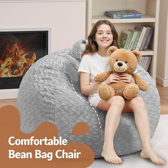 2FT Bean Bag Chair,Giant Bean Bag Chairs for Adults,Big Bean Bags with Memory Foam Filled, Large Beanbag Chairs with Chevron Plush Cover-Light Grey