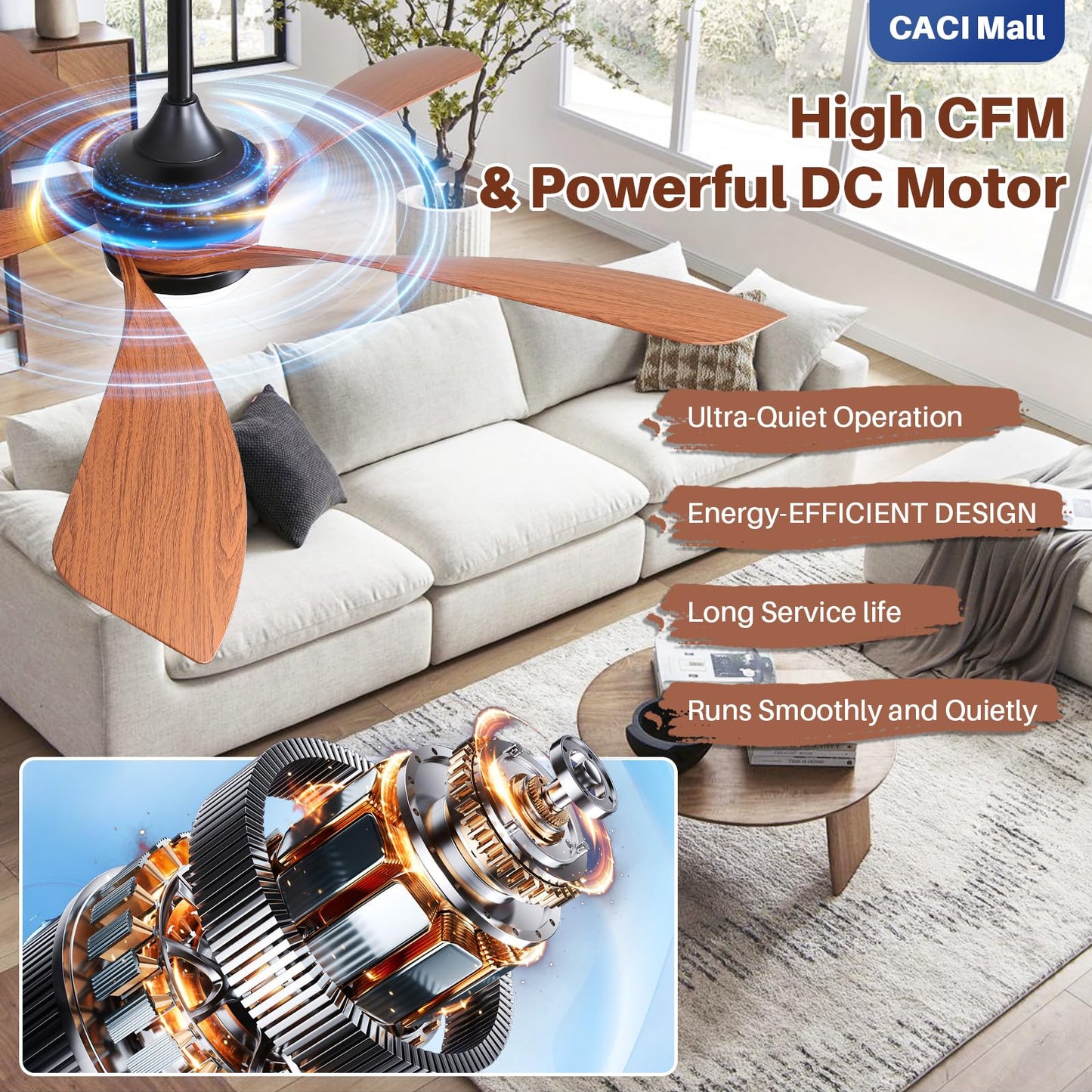 CACI Mall 52 Inch Ceiling Fans with Lights and Remote, modern, Outdoor ceiling fan with 6-Speed, 5 Blades, 2 Downrods, 3 CCT, Timer, Quiet Reversible DC Motor for Living Room, Bedroom, Patios