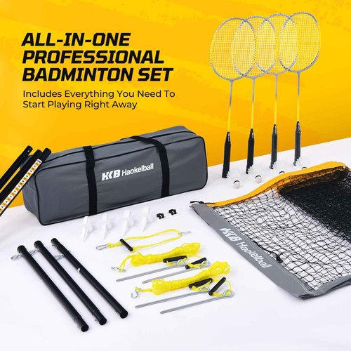 Haokelball Professional Badminton Set Badminton Sets for Backyards with Net Tension Adjuster, Badminton Rackets Set of 4, 4 Nylon Badminton Shuttlecocks and Carry Bag, Gray