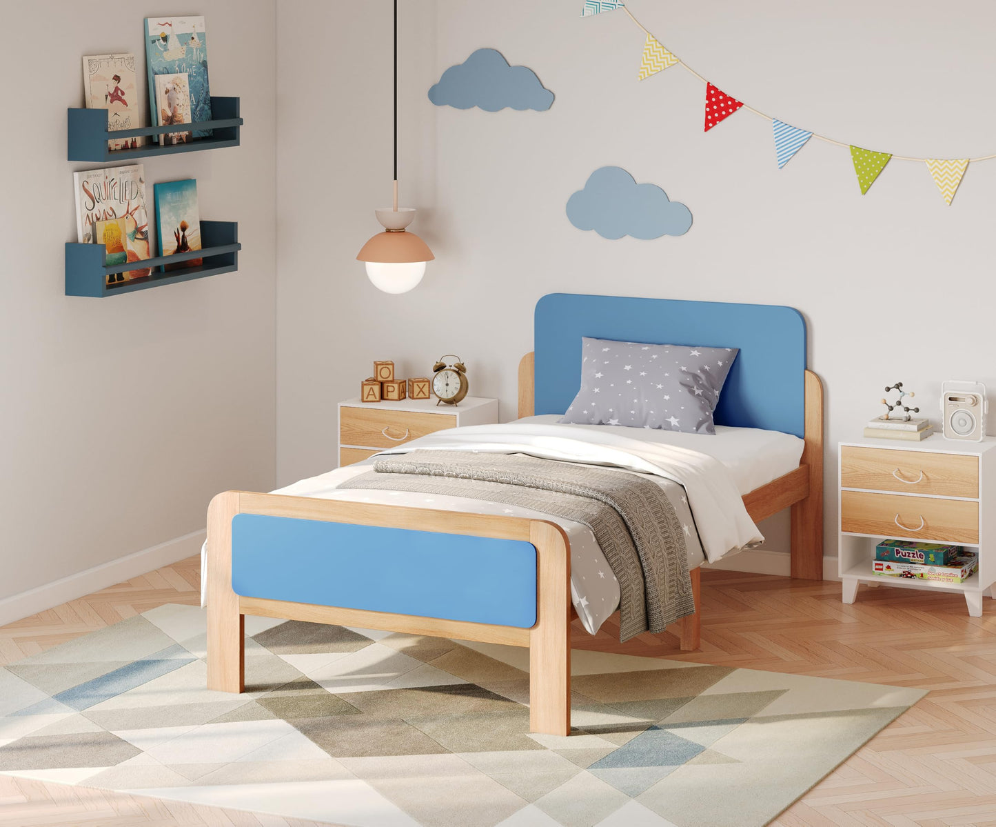 Twin Size Bed Frame, Solid Wood Platform Bed with Slats, Noise-Free and Non-Slip Design, Natural Wood with Blue Accent