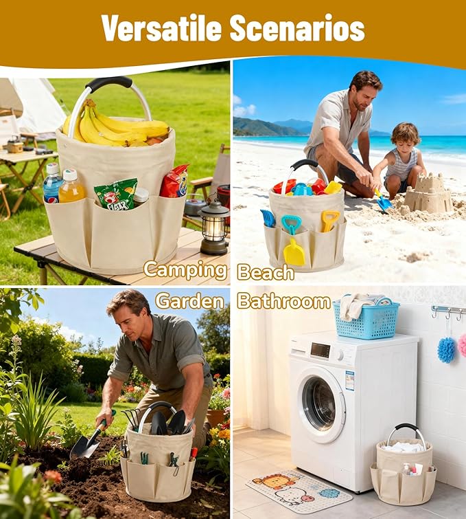 17L Foldable Storage Basket with 6 Side Pockets Cleaning Caddy with Handle Folding Storage Bin for Home Bathroom Camping Gardening (Khaki)