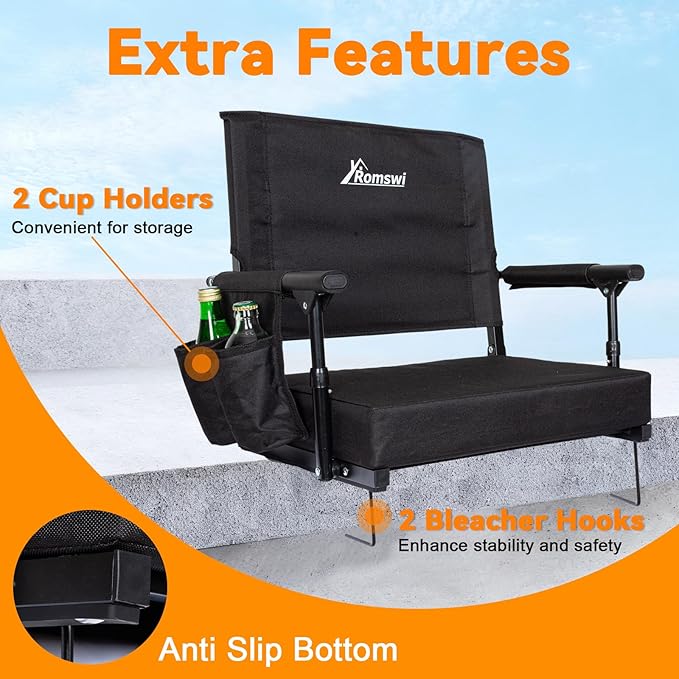 Romswi 2-Pack Stadium Seats with Back Support & Armrests, Lightweight Bleacher Chairs with 2 Cup Holders, Portable for Football Games & Events, Black