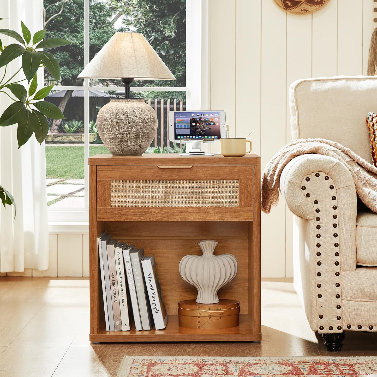 LEYAOYAO Rattan Dresser and Nightstand Set of 2, Boho Wood Dresser for Bedroom with 6 Drawers and Night Stand with Charging Station, Bedroom Furniture, Dressers & Chests of Drawers,Living Room,Hallway