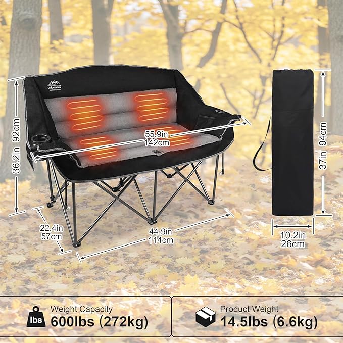 LANMOUNTAIN Heated Double Camping Chairs,3 Heat Levels Padded Portable Loveseat w/Wine Glass Holder,Cup Holder,Heating Outdoor Camp Couch Support 600 Lbs,Black,Battery NOT Included