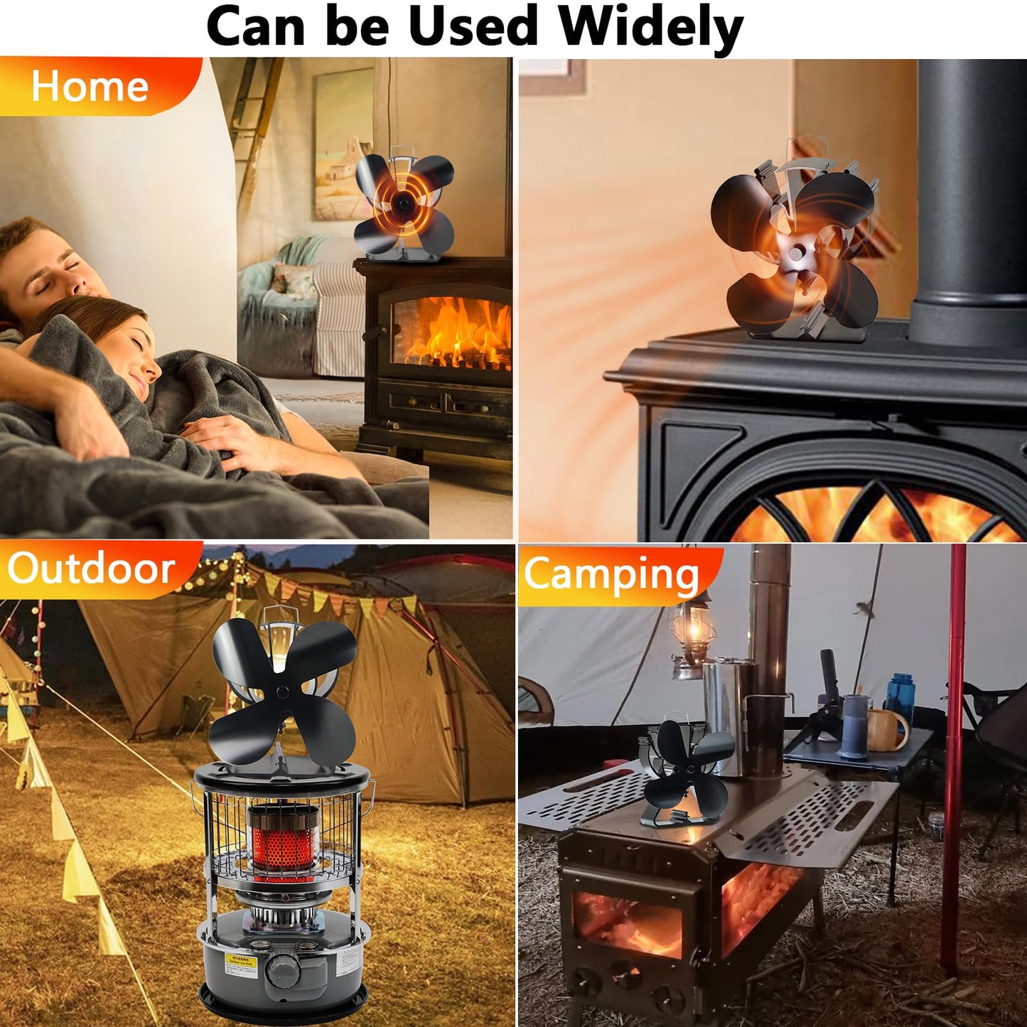 VODA 4-Blade Heat Powered Stove Fan for Wood/Log Burner/Fireplace increases 80% more warm air than 2 blade fan