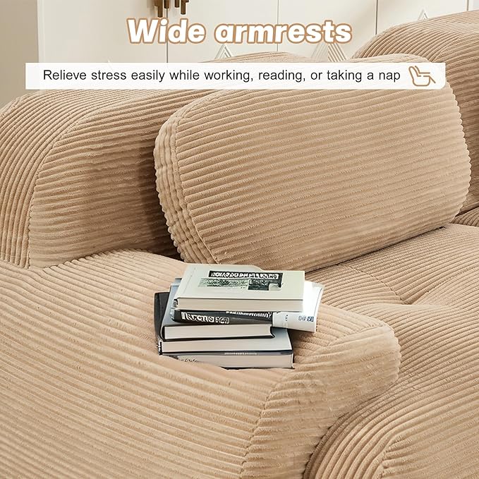 SoarFlash 81” Sectional Cloud Boneless Sofa Couches for Living Room-2 Seater L-Shaped Modern Lounge Couch-No Assembly Modular Corduroy Convertible Sponge Sleeper Sofas with Chaise for Home House,Camel