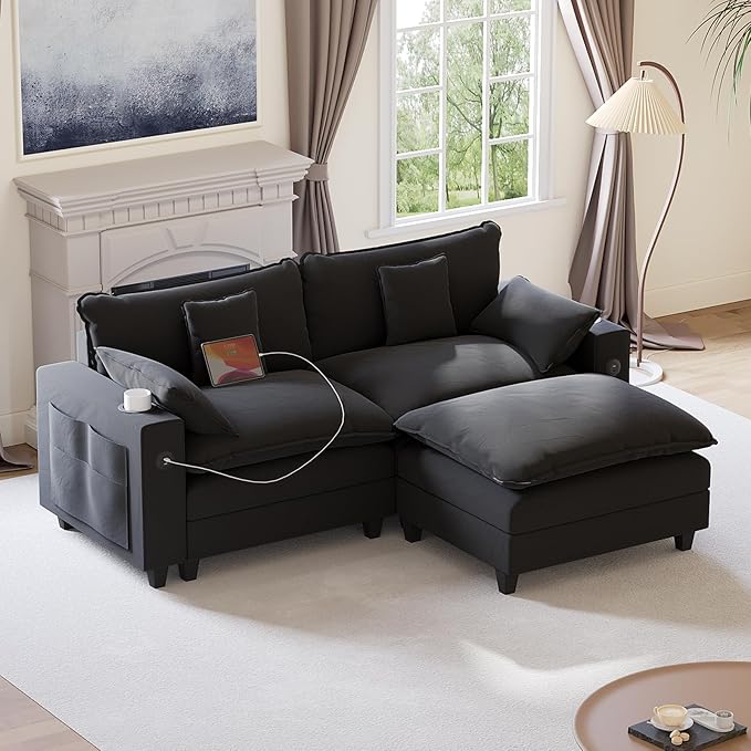 KCGKCG 80.7" Modular Sectional Sofa, L Shaped Cloud Couch with Movable Ottoman, Chenille Deep Seat Cloud Sofa with Charging Station, Cup Holder, Side Pocket, Sectional Couches for Living Room, Black