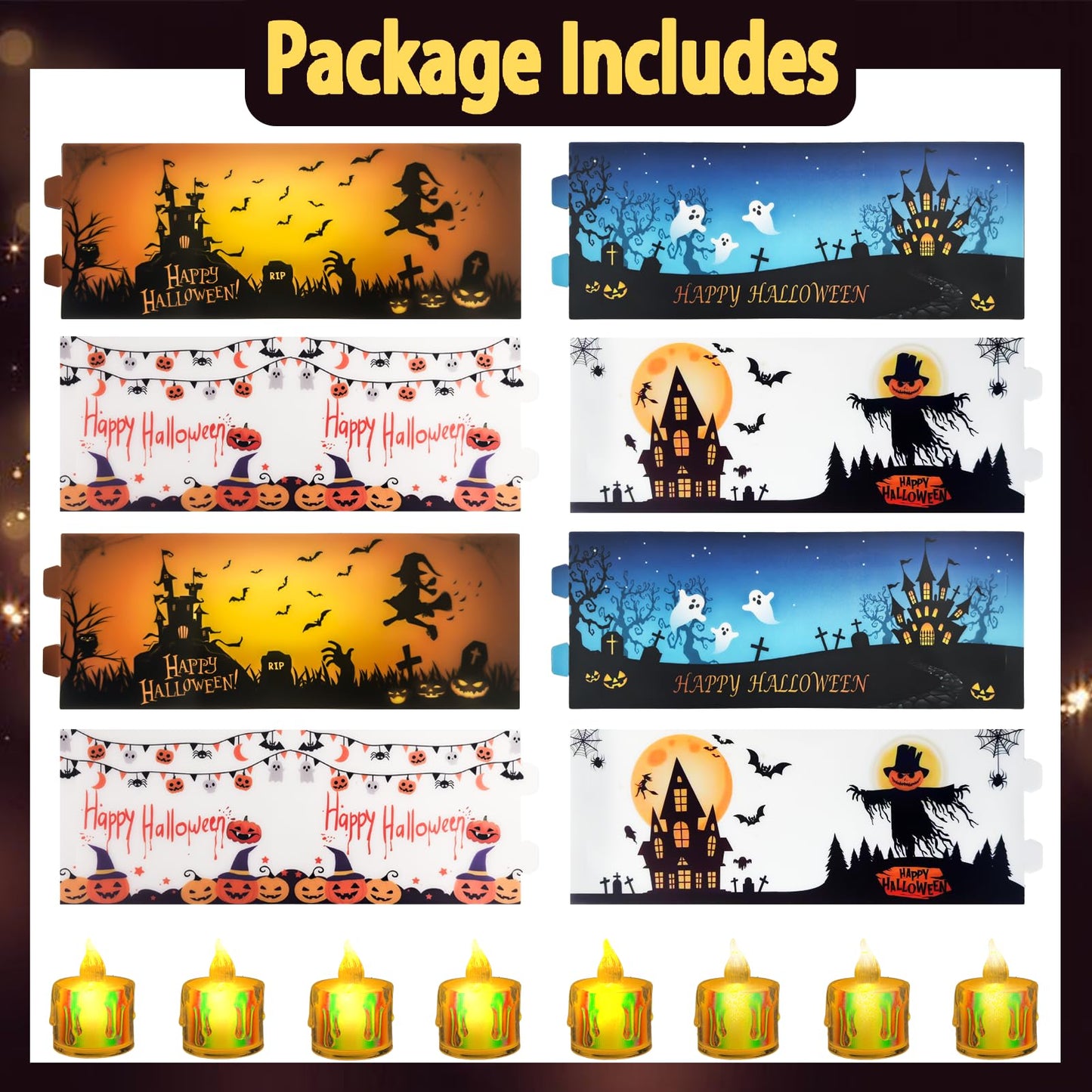 Happy Halloween Table Decor, 8 Sets Halloween Table Centerpiece Decorations, Tea Lights Votive Candles Holders for Tabletop, Candle Sleeve Shade Cover for Home, Room, Indoor, Office Use