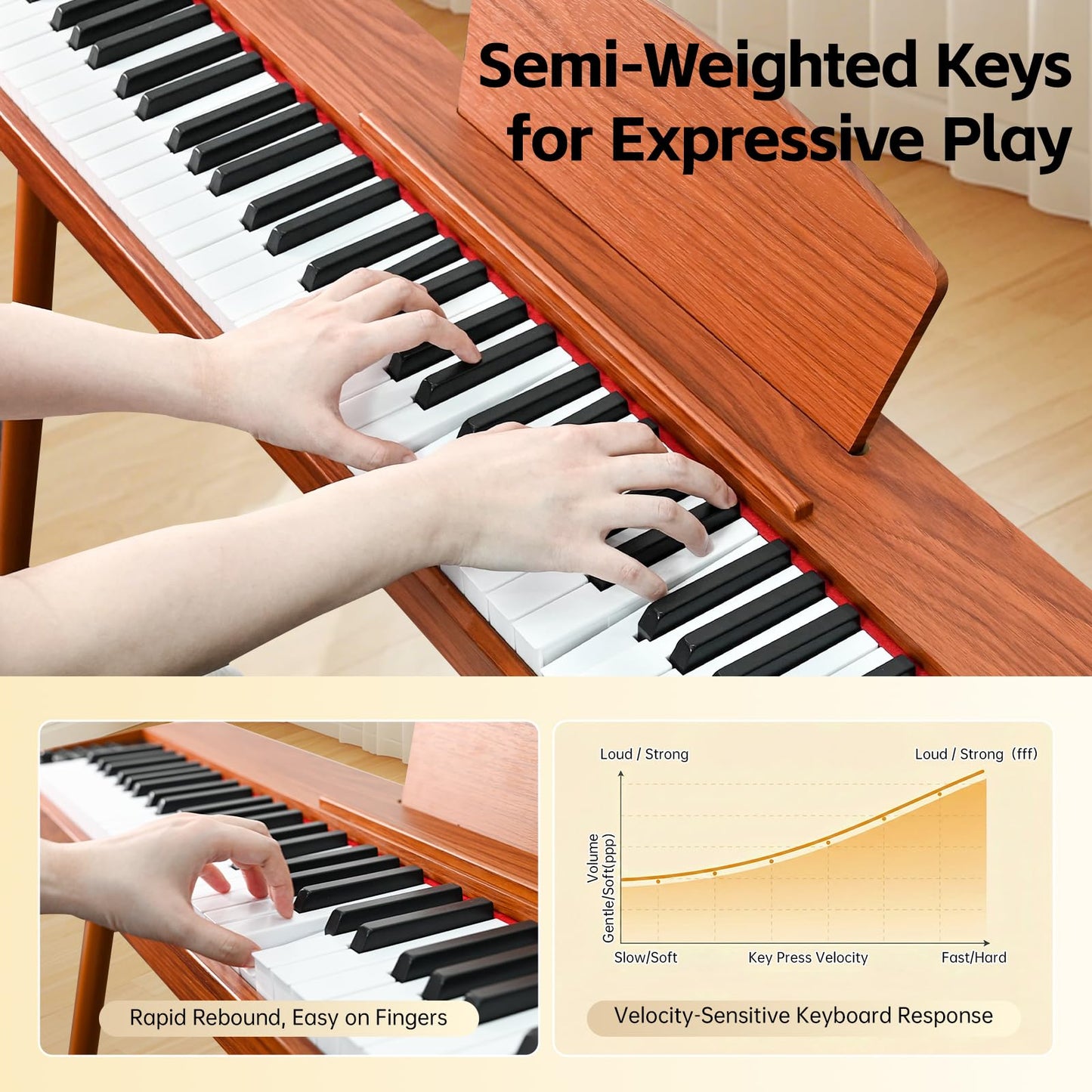 GOLDRIFF 88 Key Semi Weighted Digital Piano for Beginners, Electric Piano Keyboard with Triple Pedal, USB-MIDI, BT, Sheet Music Stand, Power Adapter, Online Lessons, Retro Wood Finish