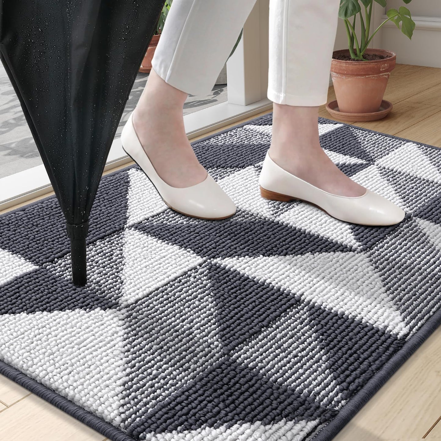 OLANLY Large Door Mat Indoor Entrance Washable 59x35, Odor-Free Low-Profile Front Back Geometric Doormat, Absorbent Resist Dirt Entry Carpet, Easy to Clean Sturdy Floor Mats for Entryway, Dark Grey
