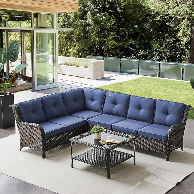 Belord Outdoor Furniture Sectional Sofa L Shaped Couch - Patio Wicker Set with Coffee Table, 3 Piece Rattan Patio Conversation Sets with Blue Cushion for Deck Backyard Sunroom Blue Cushion