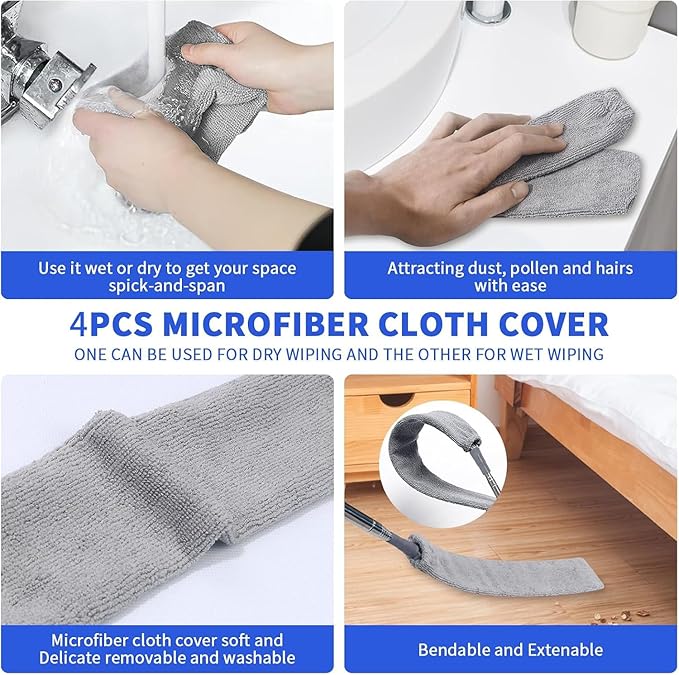 Retractable Gap Dust Cleaner, 4 Microfiber Dusting Cloths Long, Ceiling Fan Cleaner Duster with Stainless Steel Handle Washable Cleaning Tools, Extendable Duster, High Ceiling
