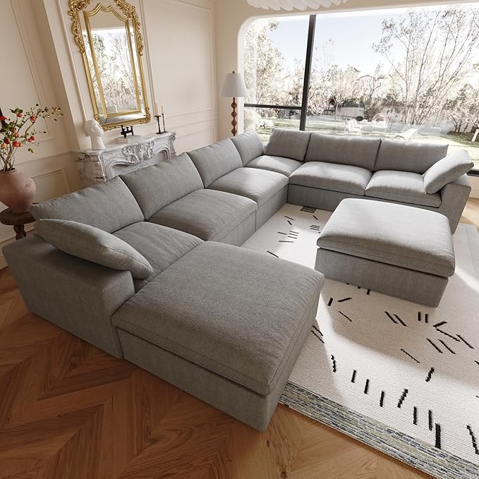 Cloud Modular Sectional Sofa,Down Filled U Shaped Couch for Living Room,Oversized 8 Seater Living Room Sets Minimalist Wide Deep Seat Convertible Couches,Sofa Cover Washable & Removable (Grey)