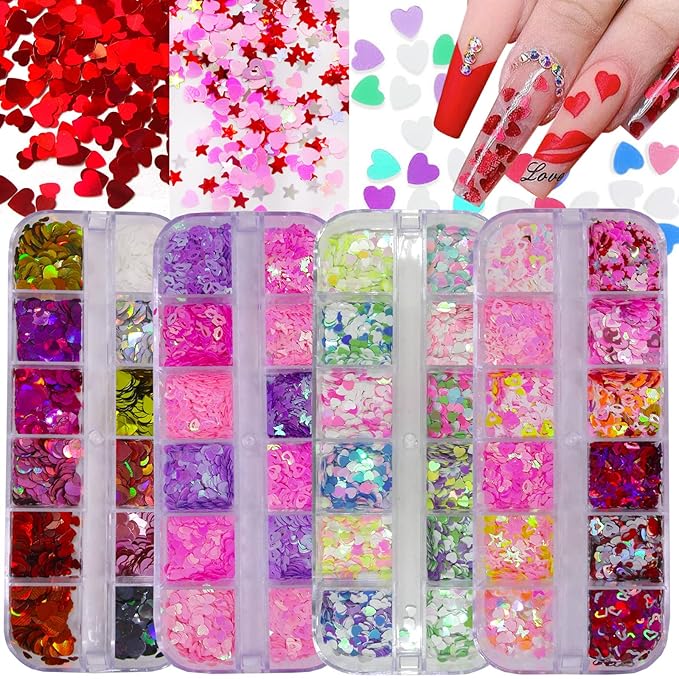 LoveOurHome 4 Boxes Iridescent Nail Glitter Sequins Set Heart Star Butterfly Shapes Glitters Flakes Sticker Manicure Acces...