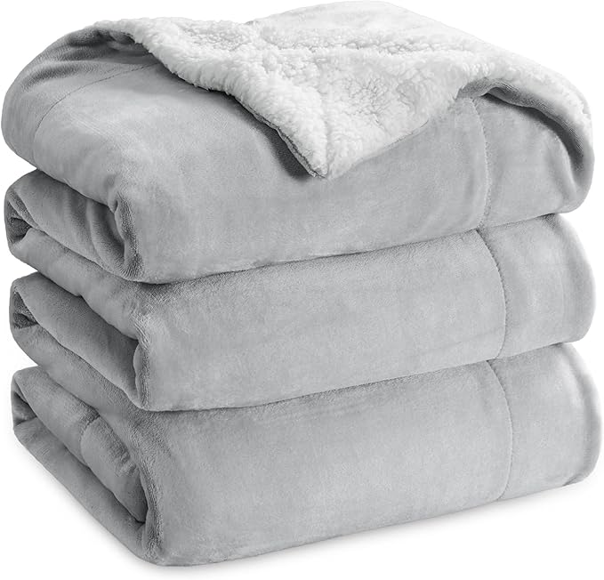 Bedsure GentleSoft Sherpa Fleece Blankets Queen Size for Bed - Thick and Warm Throw for Women and Men, Soft Fuzzy Plush Queen Blanket for Winter, Non-Heated, Light Grey, 90x90 Inches
