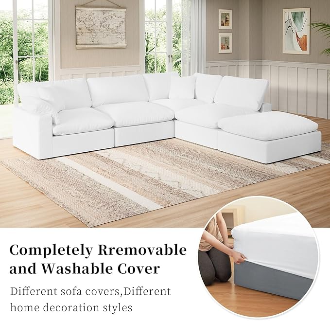 Intuition Decor Modular Sectional Sofa Cloud Couch,Down Filled Comfy Cloud Modern Sofa,White Linen Oversized Couch Cushion Covers Removable for Living Room(3 Seater)