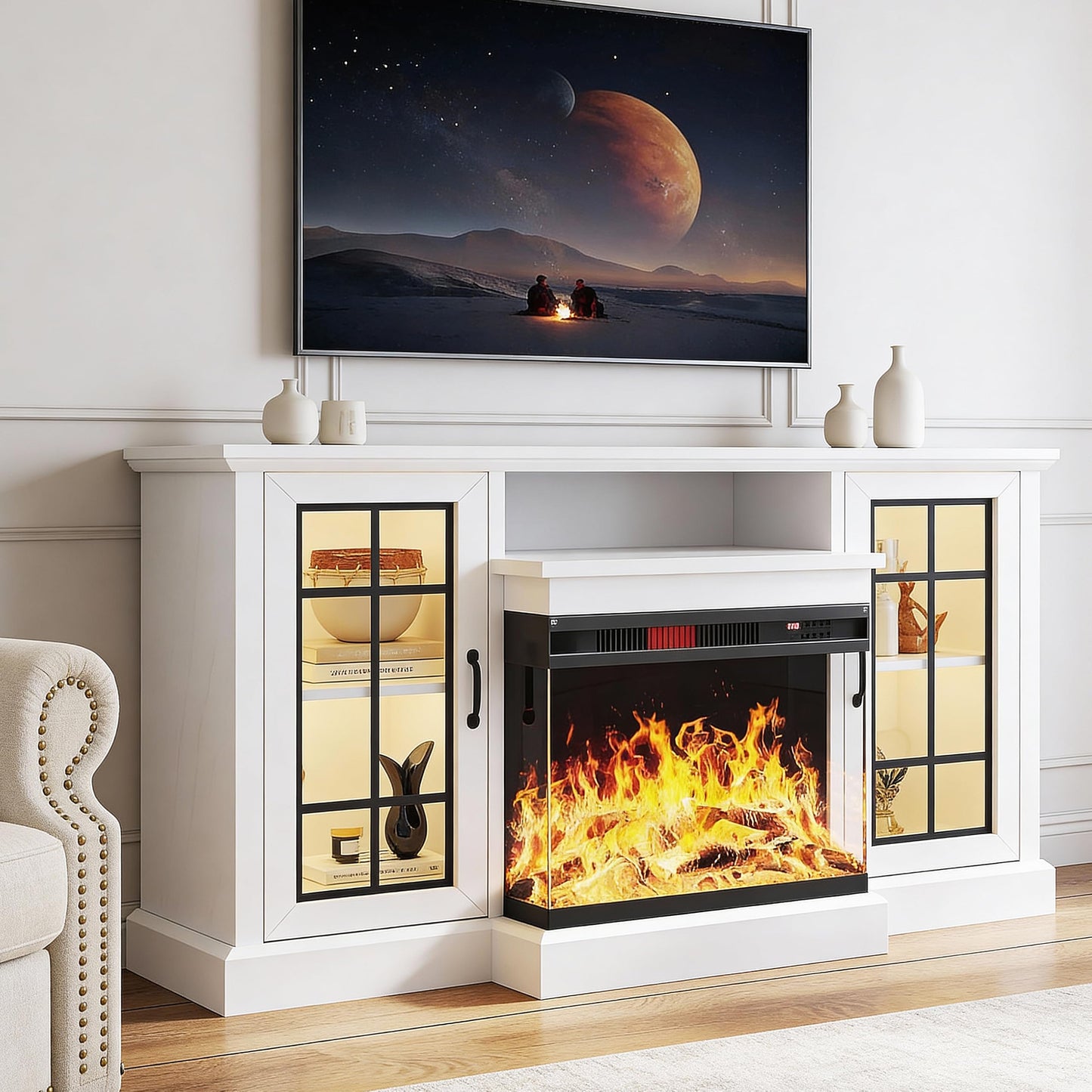 OneBlis 59'' TV Stand, 3 Sided Glass Media Entertainment Center Console Table for TVs up to 65'' with Glass Door, Adjustable Flame LED Color for Living Room, White