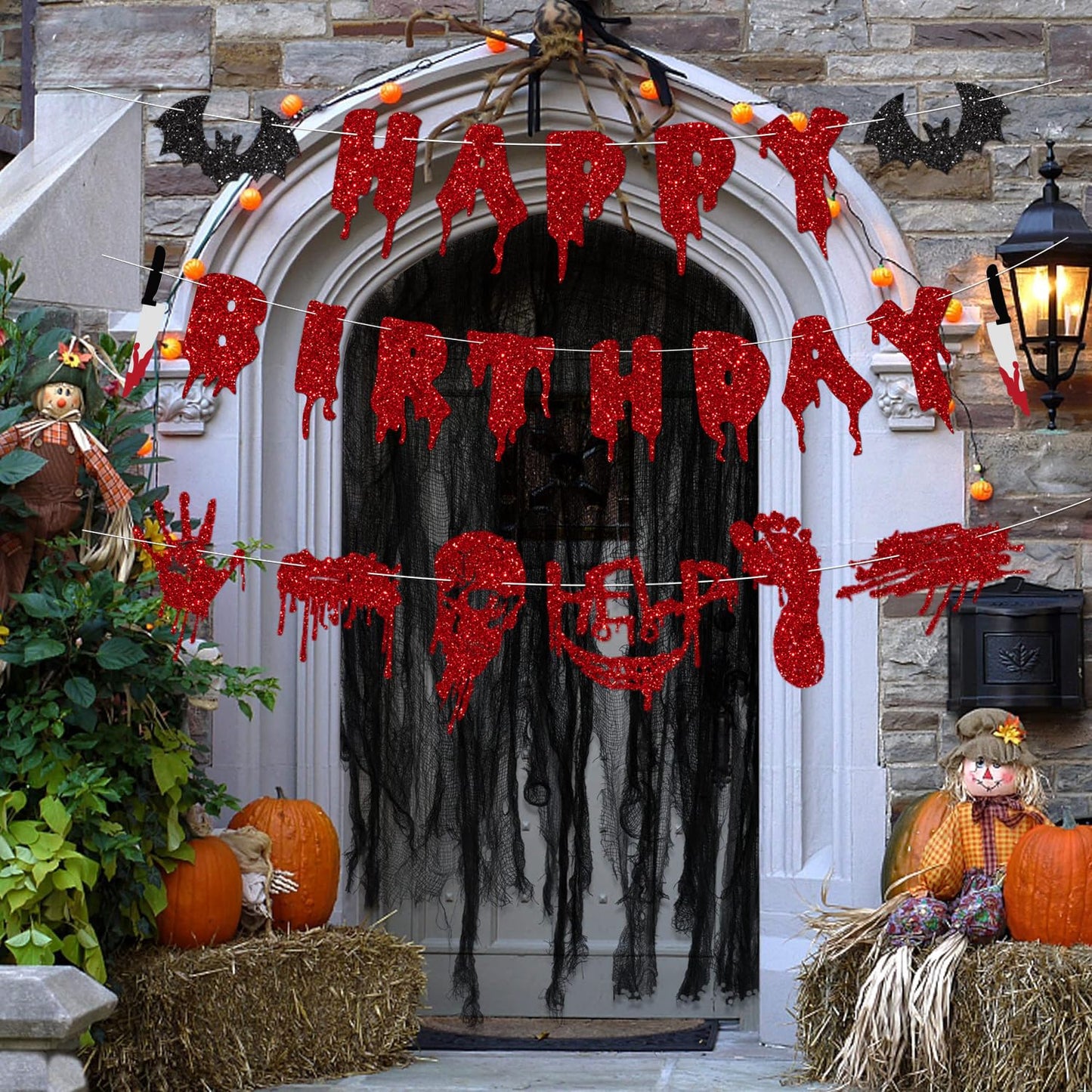 Red Glittery Halloween Birthday Decorations Banner Horror Halloween Bat Happy Birthday Banner for Bat Vampire Halloween Hocus Pocus Birthday Decorations Supplies